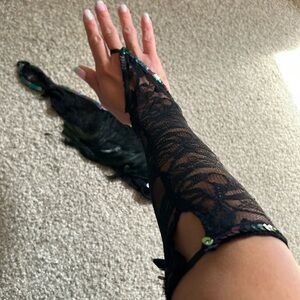 Black Lace, sequin and Feather Gloves